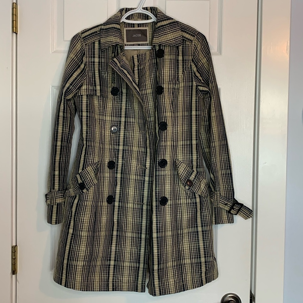 Jacob Beige Navy Plaid Trench Coat women’s extra small Buckles Buttons Classy - Picture 2 of 13
